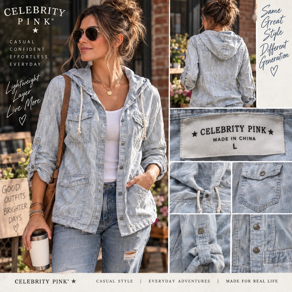 Celebrity Pink Women L Light Blue Chambray Hooded Utility Jacket Cotton Pockets